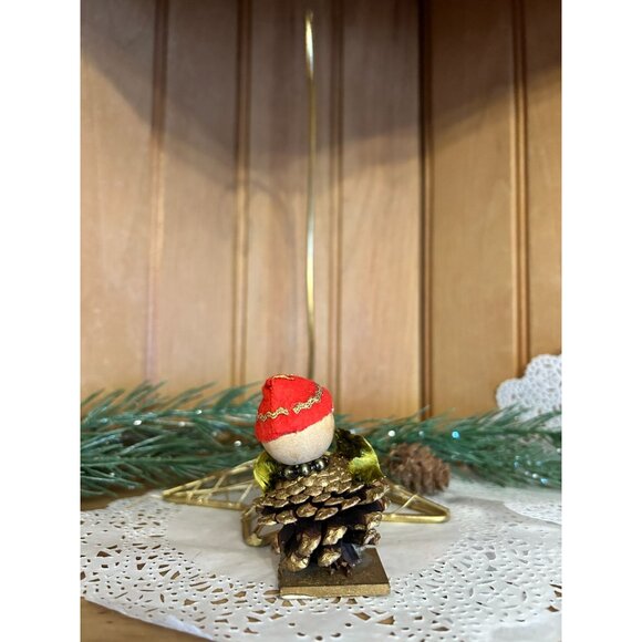 Vintage Elf Handmade Pinecone Christmas Ornament Red Hat - Picture 3 of 4